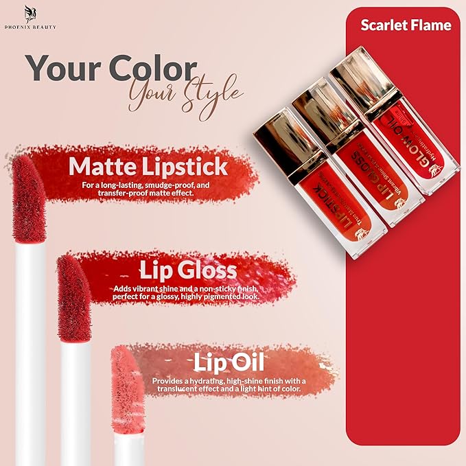 Lip Trio – Matte Red Lipstick + Gloss & Lip Oil | Smudge-Proof Lipstick + Hydrating Lip Care with Jojoba and Vit-E | Vegan, Clean, Non-Toxic, Summer-Ready Gift Set (Scarlet Flame)