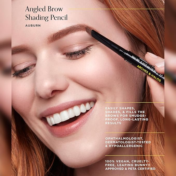 Arches & Halos Angled Brow Shading Pencil - Double Sided Eyebrow Filler and Spoolie - Angled Brush Design for Precise Shaping and Styling - Buildable, Easy Blend Pigment - Auburn - 0.012 oz
