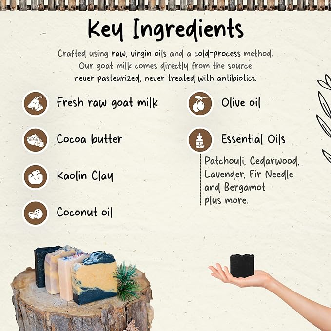 Organic Goat Milk Soap Bar for Face & Body | Handmade with Goat Milk Soap Bar for Sensitive Skin, Essential Oils | Moisturizing Vitamin-Rich Skincare - Pine Tar 3 Pack