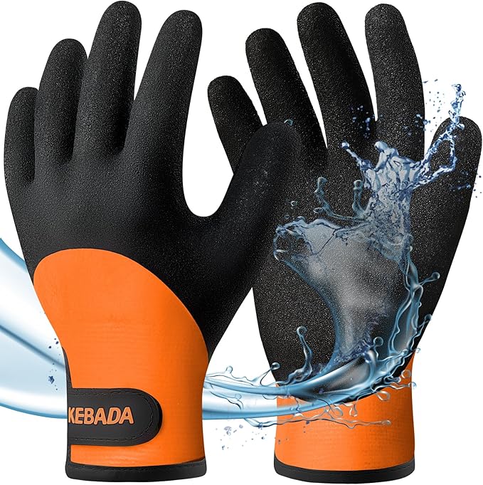 Kebada T2 Waterproof Winter Work Gloves for Men and Women - Thermal Insulated Freezer Gloves for Working in Freezer for Cold Weather, 100% Latex Coating, Wrist Closure, 1 Pair, Orange, X-Large