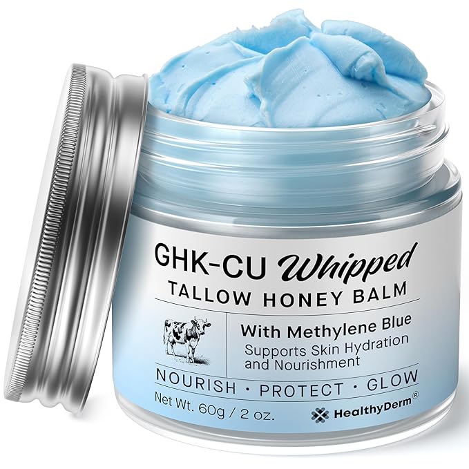 Copper Peptides GHK-Cu Beef Tallow for Skin: Blue Balm with Methylene Blue, Manuka Honey & Vitamin E – Natural Face and Body Moisturizer for Mature, Dry & Sensitive Skin – 2oz