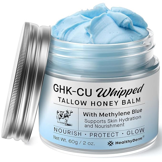 Copper Peptides GHK-Cu Beef Tallow for Skin: Blue Balm with Methylene Blue, Manuka Honey & Vitamin E – Natural Face and Body Moisturizer for Mature, Dry & Sensitive Skin – 2oz