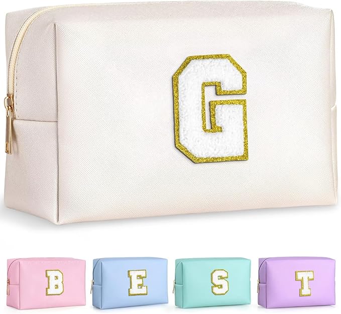 TOPEAST Travel Makeup Bag, Personalized Initial Toiletry Bag w Zipper, Cute Makeup Pouch, PU Leather Waterproof Cosmetic Bag, Birthday Gift for Daughter, Preppy Things for Girls (White G)