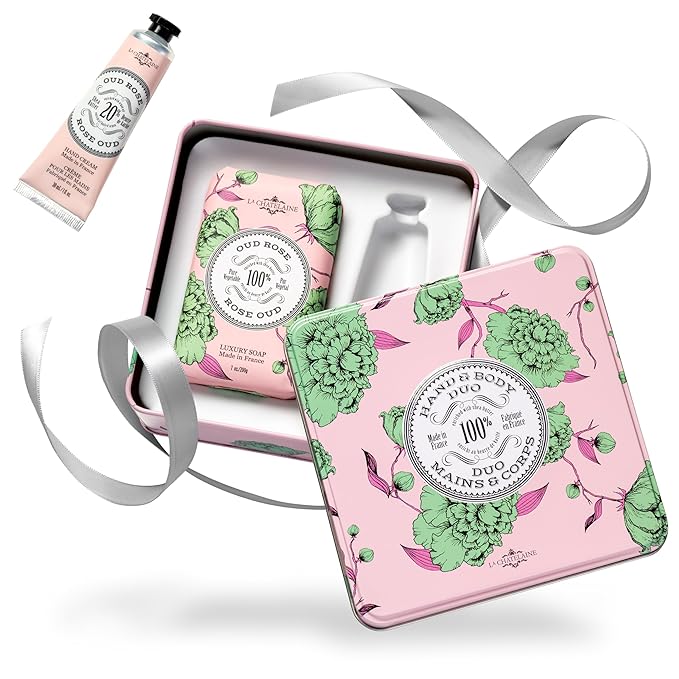 La Chatelaine Oud Rose Triple Milled Bar Soap and 20% Shea Butter Hand Cream Gift Set, Gift for Mom, Decorative Tin, Plant-Based, Natural & Organic, Made in France (7 oz. soap bar, 1 oz. hand lotion)