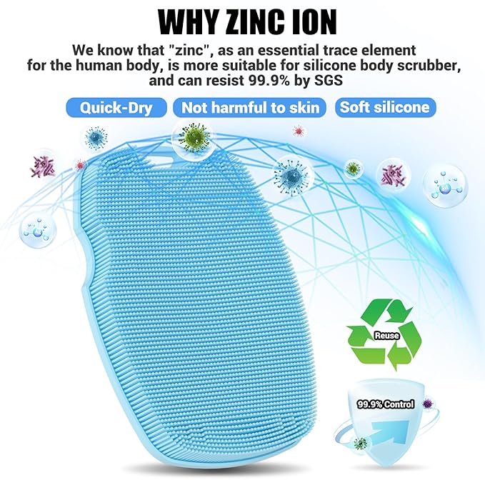 Silicone Body Scrubber - Anti Zinc Infused-Highly Elastic Bristles Exfoliating Body Scrubber for Shower Body,Cellulite Reduction,Blood Circulation - Azure
