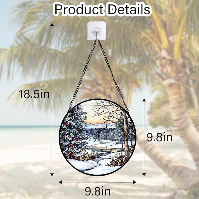 Stained Glass Window Hanging, Winter Snow Landscape Suncatcher Diamond Glass Panel Sun Catchers Decor for Birthday for Women, Men, Wife, Aunt, and Mom 9.8 in