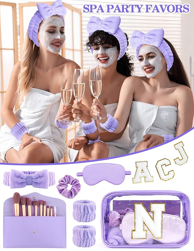 Gift Sets for Women, Initial Makeup Bag with Makeup Brush Set Bachelorette Party Favors, Purple Spa Kit with Skincare Headbands Wrist Bands Sleepover Party Supplies Gifts for Teen Girls Bridesmaid N