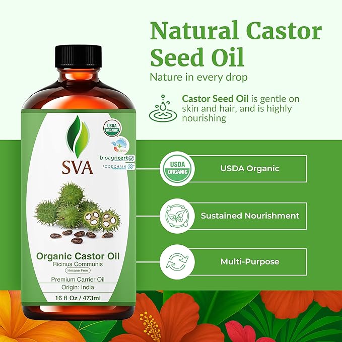 SVA Castor Seed Oil Organic - 16 Fl Oz – 100% Natural Cold Pressed Organic Castor Oil - for Face, Skin Care, Hair Care, Scalp Massage & Body Massage with Pump
