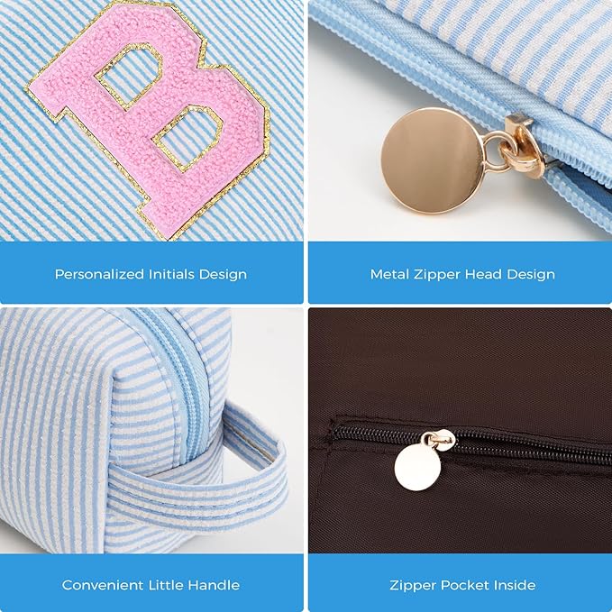 Bridesmaid Gifts Wedding Day - Bridal Shower Gifts,Maid of Honor Gifts,Initials Makeup Bag Set Cosmetic Bag - Blue,B