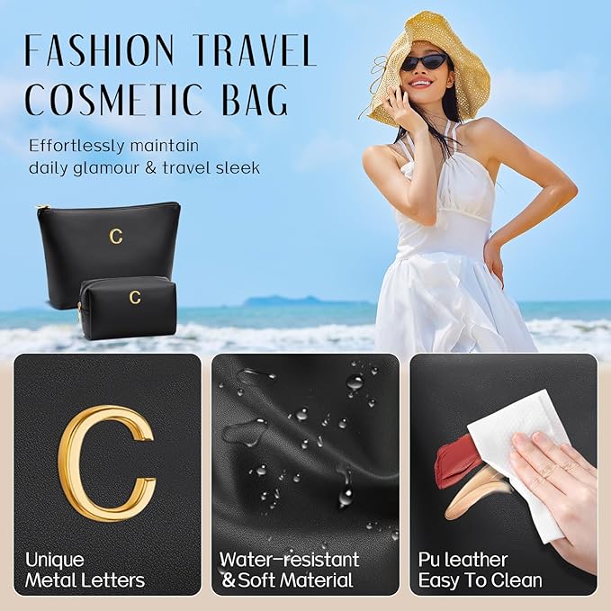 Women Gifts | Initial Makeup Bag Set for Girl Personalized Gifts for Bridesmaid Friend Graduation Teachers PU Leather Cosmetic Travel Toiletry Bag(Black,C)