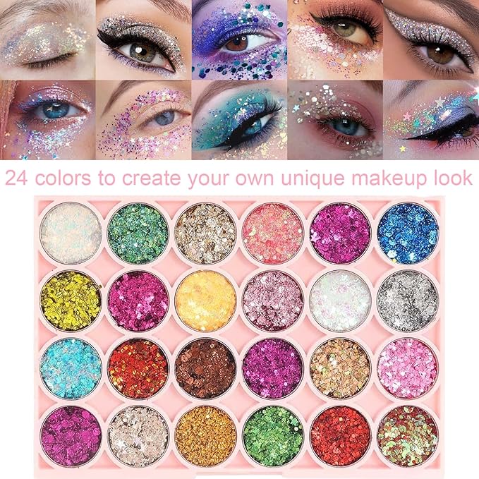 Glitter Eyeshadow Palette, 24 Colors Highly Pressed Pigmented Metallic Shimmer Sparkly Glitter Eyeshadow Makeup Pallet Palettes,Pink Blue Green Red Gold Purple Long Lasting Waterproof (24pcsC)