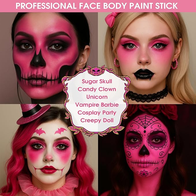 BADCOLOR Pink Face Body Paint Stick, Cream Blendable Full Coverage Eye Black Facepaints for Adult Children, Professional Hypoallergenic Face Painting Kit for Halloween Special Effects Cosplay Party