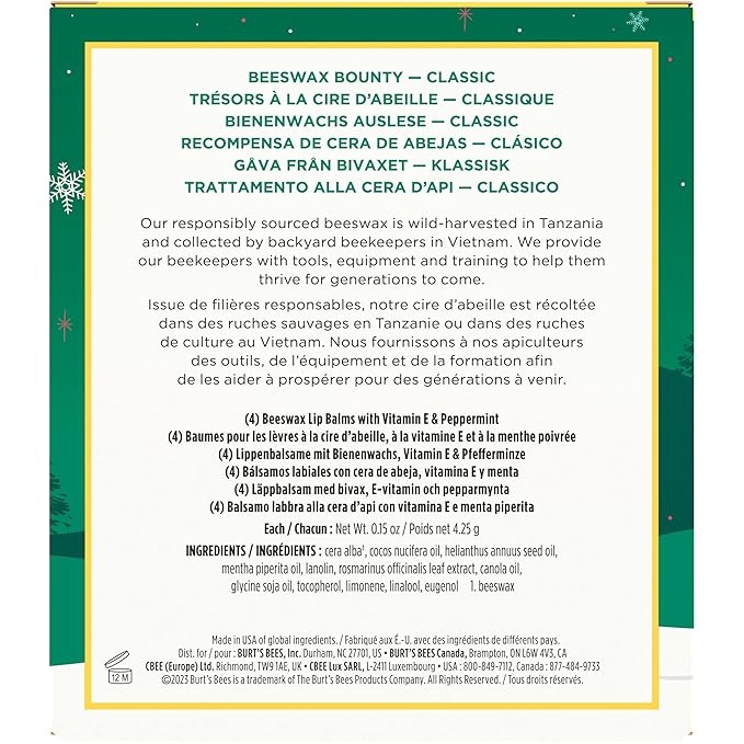 Burt’s Bees Christmas Gifts, 4 Lip Balm Stocking Stuffers Products, Beeswax Bounty Classic Set - Original Beeswax Moisturizing Lip Balm (4-Pack)