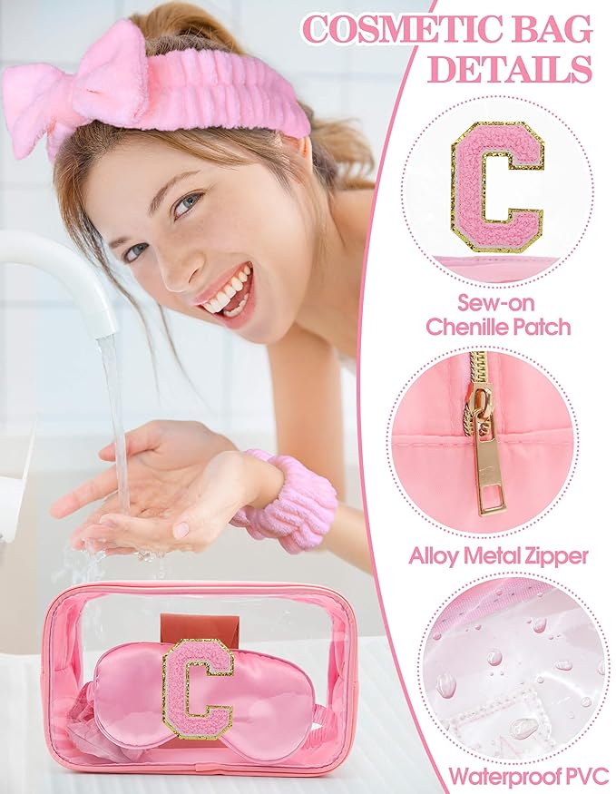 Gift Sets for Women, Initial Makeup Bag with Makeup Brush Set Bachelorette Party Favors, Pink Spa Kit with Skincare Headbands Wrist Bands Sleepover Party Supplies Gifts for Teen Girls Bridesmaid C