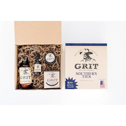 GRIT Boxed Gift Set Bundle Southern Ties - Includes 1 Soap, 1 Lotion, 1 Beard Oil, and 1 Beard Balm | All Natural | Dye-Free Lotion | Enriched with Nourishing Goat Milk |