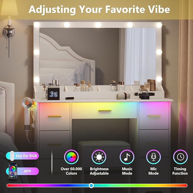 Makeup Vanity with Large Lighted Mirror and Chair, 7 Drawers Vanity Makeup Desk Table with Power Strip, Adjustable Lighting, and Cushioned Storage Stool for Women, Girls