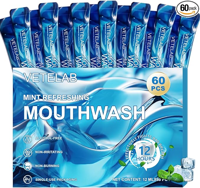 Portable Travel Size Mouthwash Packets - TSA-Approved Mini Mint Mouthwash for Adults, Alcohol & Fluoride-Free Oral Care for Air Travel, Dates & Office, 60 Individually Wrapped 0.4oz Packs