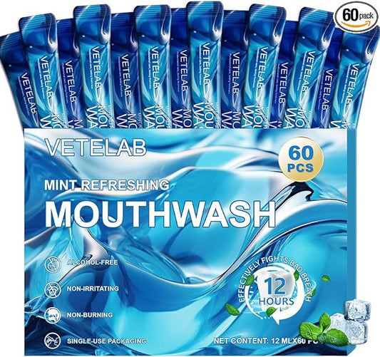 Portable Travel Size Mouthwash Packets - TSA-Approved Mini Mint Mouthwash for Adults, Alcohol & Fluoride-Free Oral Care for Air Travel, Dates & Office, 60 Individually Wrapped 0.4oz Packs