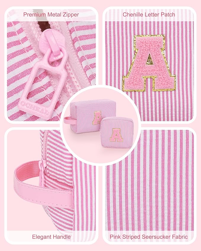 Initial Makeup Bag - Personalized Monogram Cute Makeup Bags,Make Up Case for Women Her Best Friend Friendship Sister Teacher,Birthday Gifts for Women,Girls Makeup Toiletry Bag Pouch,2PCS,Pink R