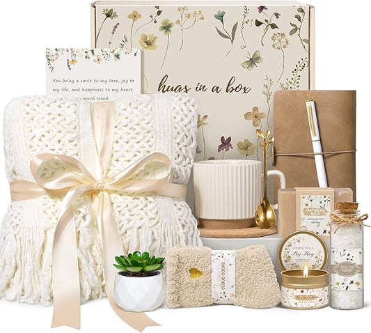 Birthday Gifts for Women, Get Well Soon Self Care Package Box, Sending Hug Baskets Thinking of You Inspirational Gift for New Mom Best Friend Birthday (Ivory)