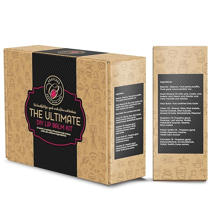 CraftZee Organic Lip Balm Making Kit. DIY Lip Gloss Pack, Natural Beeswax, Shea Butter, Sweet Almond Oil, Essential Oils, Tools, Instruction Manual. Sleepover Party Supplies for Girls, Adult Craft Kit