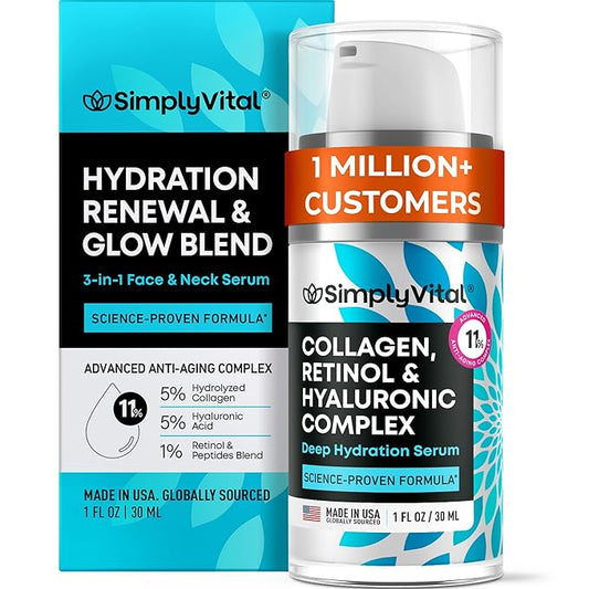 SimplyVital Collagen, Retinol & Hyaluronic Acid Serum - Anti-Aging Moisturizer for Face, Neck & Décolleté - Made in USA, Deep Moisturizing Skin Care Complex - Hydrating Facial Serum for Women, 1 fl.oz