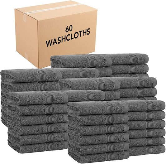 Arkwright Bath Washcloths 12 Pack - (Bulk Case of 60) Super Soft 100% Cotton, 600 GSM Quick Dry & Absorbent, Luxury Face & Body Wash Cloth Towels for Hotels, Spa, and Vacation Rental, Pewter Grey