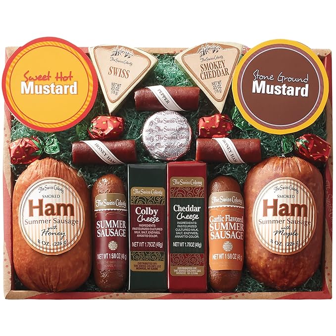 The Swiss Colony 14 Country Favorites Gift Box Assorted Summer Sausage Meats and Cheeses, Mustards, Candies, Charcuterie Food Box for Holiday or Thank You Gifts Adults, Women, Men, Charcuterie Boards