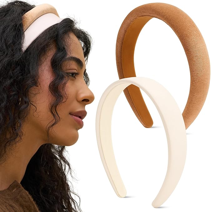 Kitsch Velvet & Satin Headbands for Women - Non Slip, Soft and Lightweight - Stylish Headbands for Girls with Chic Neutral Shades | Ideal Gifts for Women - Cream & Camel, 2pc Set