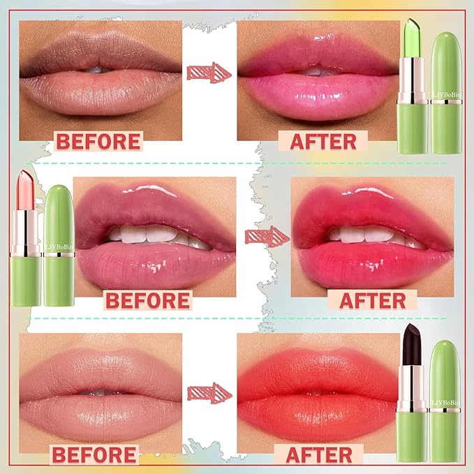 3PCS Aloe Vera Color Changing Lipstick Set,Magic Jelly Lipstick Long Lasting Highly Pigmented Color Change Lip Gloss,Waterproof Lips Moisturizer Non-Sticky Cup Tinted Lip Balm Stain Makeup Set