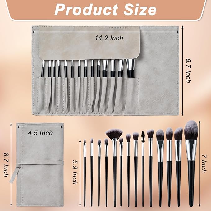 Makeup Brushes, 14 Pcs Professional Makeup Brush Set, Eye and Face Foundation Brush Set, Eyeshadow Brushes, Cosmetic Brushes, with PU Bag, Black