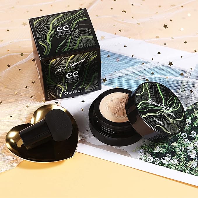 Mushroom Head Air Cushion CC Cream Natural Foundation,Phoera Powder, Bright Makeup Base Long Lasting with Makeup Sponge and Flat Top Kabuki Foundation Brush (#05 Sand)