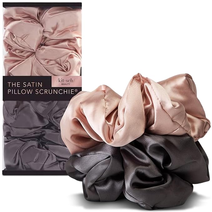 Kitsch Satin Hair Scrunchies for Women, Softer Than Silk Scrunchies for Hair - No Damage Satin Hair Ties, Ponytail Holders, 2pc (Blush/Charcoal)