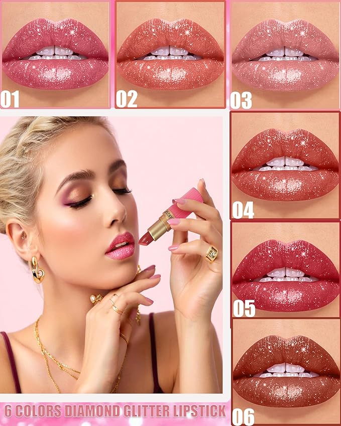Ruby Red Sparkling Glitter Lipstick, Long Lasting Shimmer Metallic Lipstick for Women Glitter Nude Waterproof Lip Gloss, Diamond Shiny Non-Stick Lipgloss Liptint Blam Lip Color labiales Makeup Gift-02