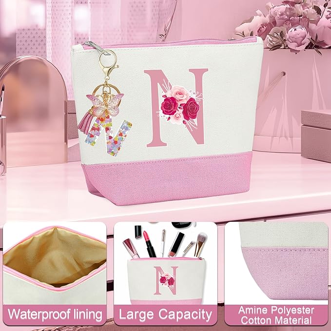 Monogrammed Gifts for Women,Personalized Gifts for Women,Initial Canvas Tote Bag,16oz Initial Glass Cup,Initial Makeup Bag,Initial Jewelry Organizer Box,Birthday Gifts for Aunt Niece-N