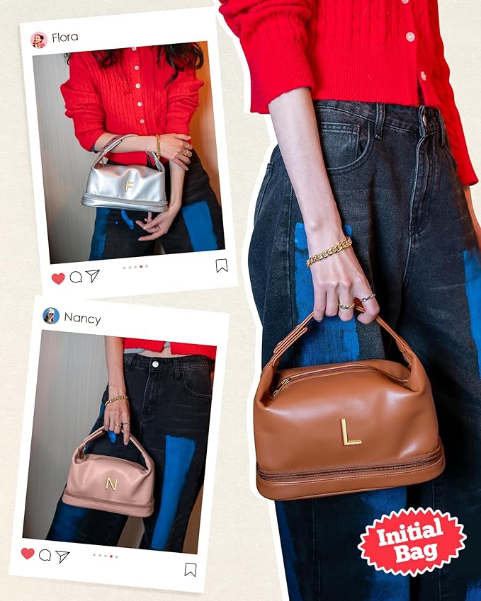 Trendy Gifts for Women, Personalized Makeup Bag with Handle, Initial Double Layer Cosmetic Bag with Makeup Brush Organizer, Cute Cosmetic Pouch for Women, Gifts for 20 Year Old Female