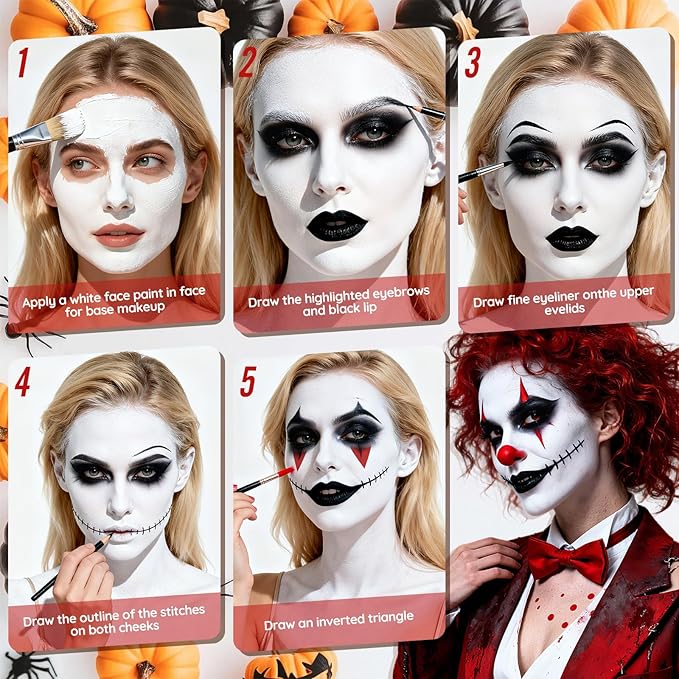Halloween for Clown Spider Demon Makeup Kit, Professional Halloween SFX Costume Makeup Set for Clown Cosplay ,Water-Based Face Paint Kit with Red Face Paint for Cosplay, Theatre, Party.