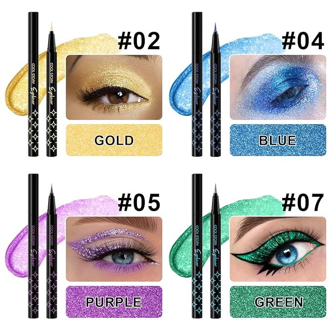 4Pcs Glitter Colored Liquid Eyeliner & Eyeshaow, Shimmer Liquid Eyeliner & Eyeshaow Makeup Set, Purple Blue Gold Green Face Body Glitter Makeup Sparkling Eye shaow Pen