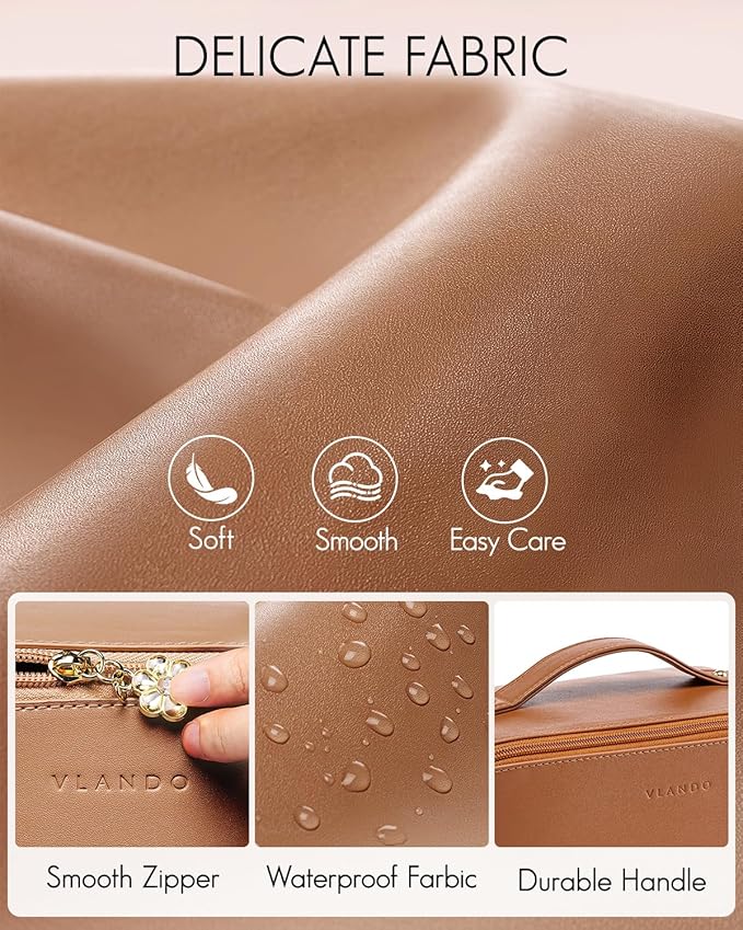 Vlando Travel Makeup Bag,Brown Leather Make up Bag,Portable Toiletry Bag with Divider and Handle,Gifts for Women (Brown)
