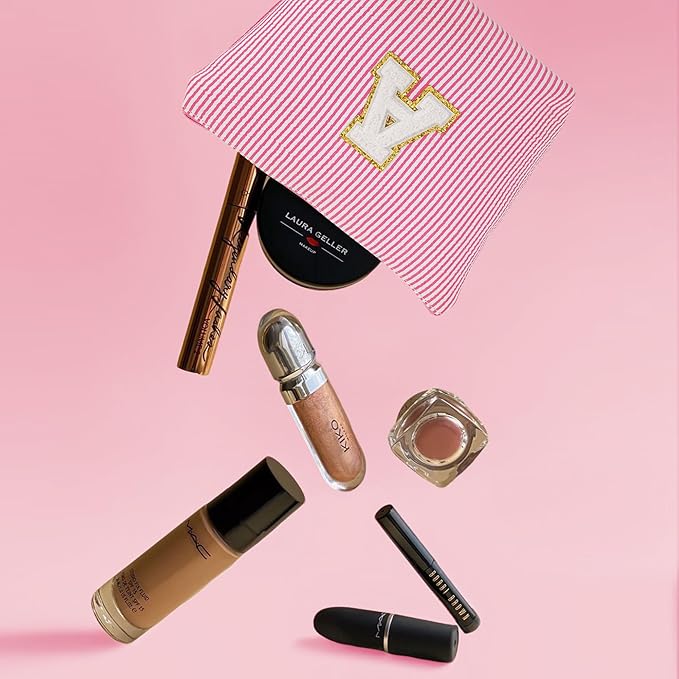 Travel Toiletry and Makeup Bag - Travel Essentials for Women, Pink Initial Makeup Bags for Hair Ties, Clips, Brushes, Sponges, Lipsticks, Blush, Eyelash Curler, Easy to Carry, Pink Letter L