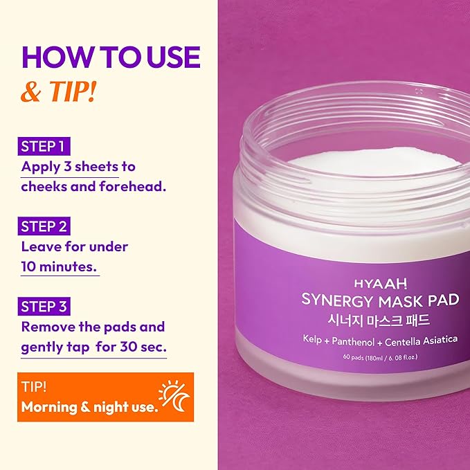 Synergy Mask Pad - Korean Face Toner Pads with Kelp Seaweed Extract, Cica, Panthenol and Ectoin - Calming, Hydrating, Pore Refining - Soft Cotton Pad for Sensitive Skin, 60 Pads