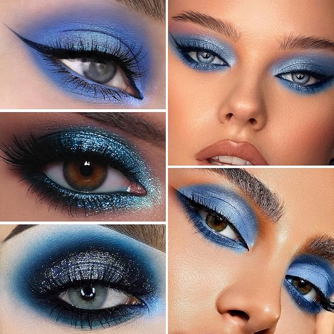 Erinde 9 Colors Dark Light Royal Cobalt Blue Pearl White Glitter Shimmer Eye Shadow Makeup Palette Highly Pigmented Waterproof Matte Glitter Shimmer Daily Party Sparkling Eyeshadow Palett for Girl