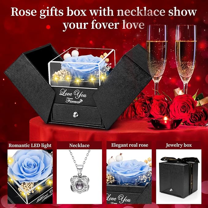 Preserved Sky Blue Real Rose with Heart I Love You Necklace -Eternal Flowers Rose Birthday Gifts for Women Her Mom Wife Girlfriend Grandma on Valentines Mothers Day Christmas Anniversary Romantic