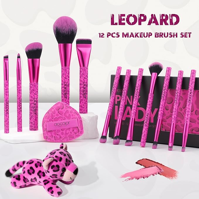 docolor Makeup Brushes 12PCS Pink Leopard Makeup Brush Set Premium Synthetic Foundation Powder Concealers Eyeshadow Blush Make Up Brushes with 1PC Large Powder Puffs