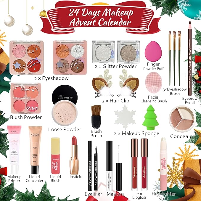 Makeup Advent Calendar 2025, 24 Days Christmas Makeup Gift Set for Women & Teens, Makeup Set Christmas Countdown Calendar, Make up Set for Girls, Holiday Surprise Make Up Kit for Women Full Kit