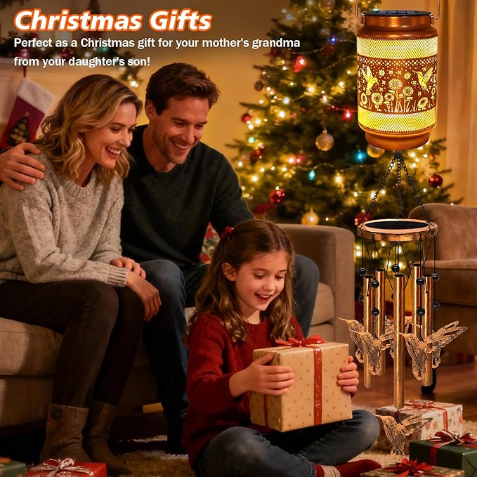 Hummingbird Solar Wind Chimes for Outside, Gifts for Christmas Mom Women Grandma Birthday Memorial Teacher, 32" Windchimes Outdoor Decor Hanging Solar Lantern for Garden Porch Patio Backyard