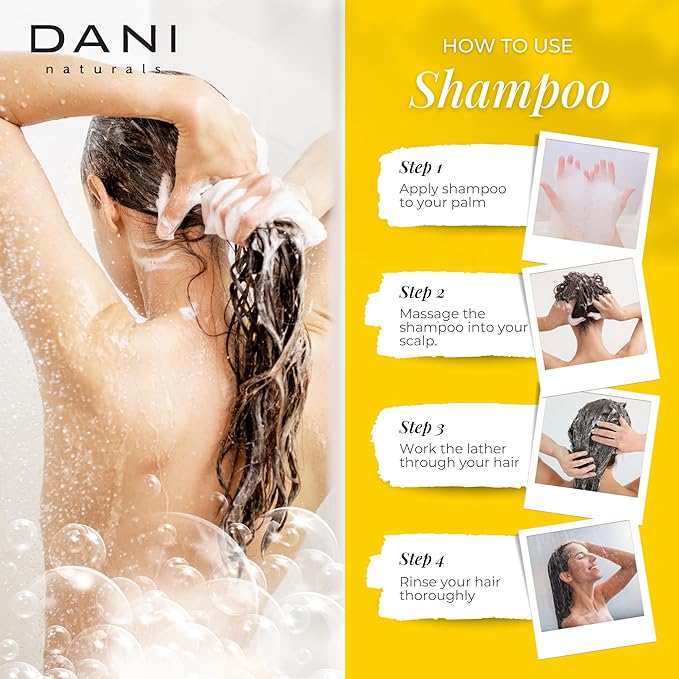 DANI Naturals Shampoo with Sandalwood Vanilla Scent promotes hair thickening, strengthens follicles, and supports hair re-growth. Sulfate-free, nourishing, and soothing