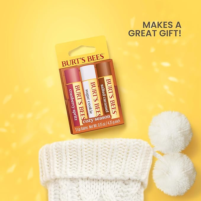 Burt's Bees Stocking Stuffers, Cozy Season Lip Balm Set for Christmas Gifts, With Responsibily Sourced Beeswax, Natural Origin Lip Care, 3 Tubes, 0.15 oz.