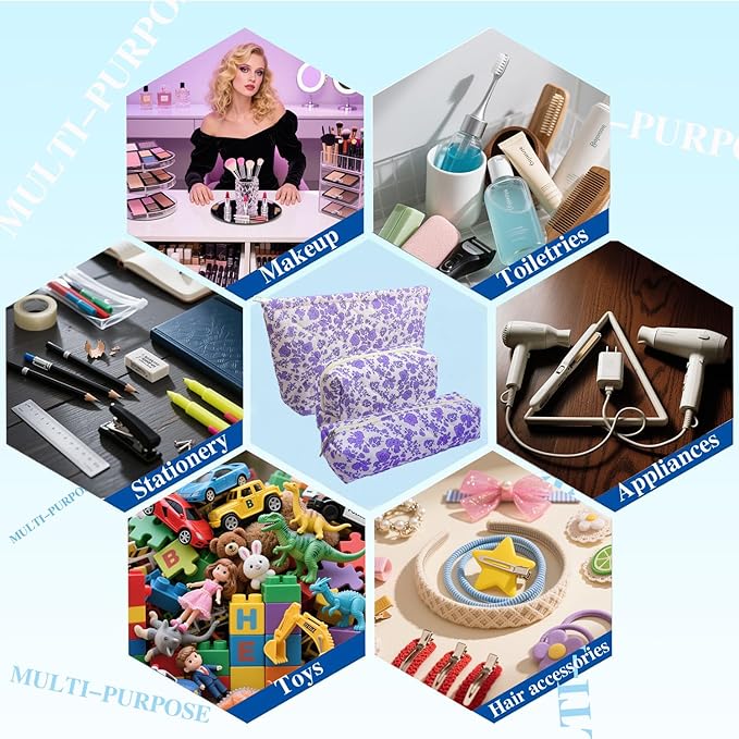 3 Piece Purple Quilted Floral Makeup Bag Set Small Cosmetic Bag For Women Cute Cotton Makeup Pouch For Purse