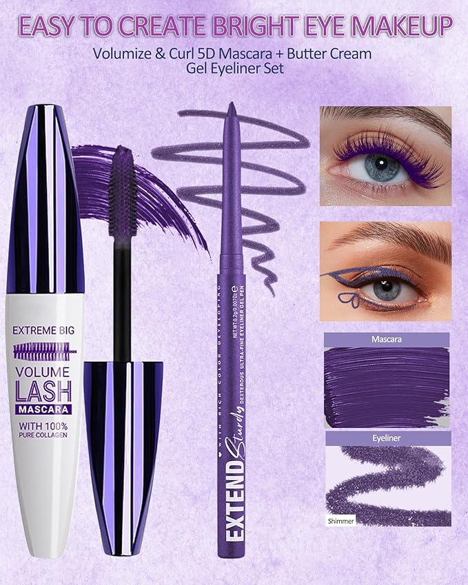 Purple Mascara and Plum Eyeliner Set,5D Waterproof Mascara Volume and Length Natural Lengthening Curling, Smudge Proof Purple Eyeliner Pencil, Natural Eye Makeup Gift Kit for Women in Halloween Set-03